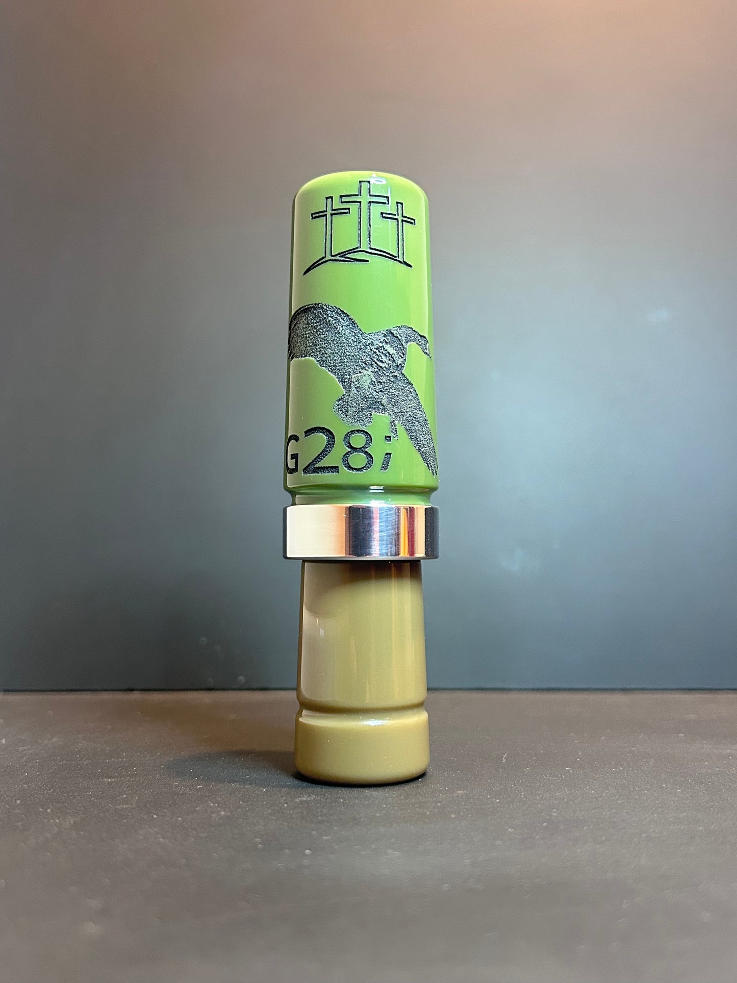 OD Green and tan polished speck goose call
