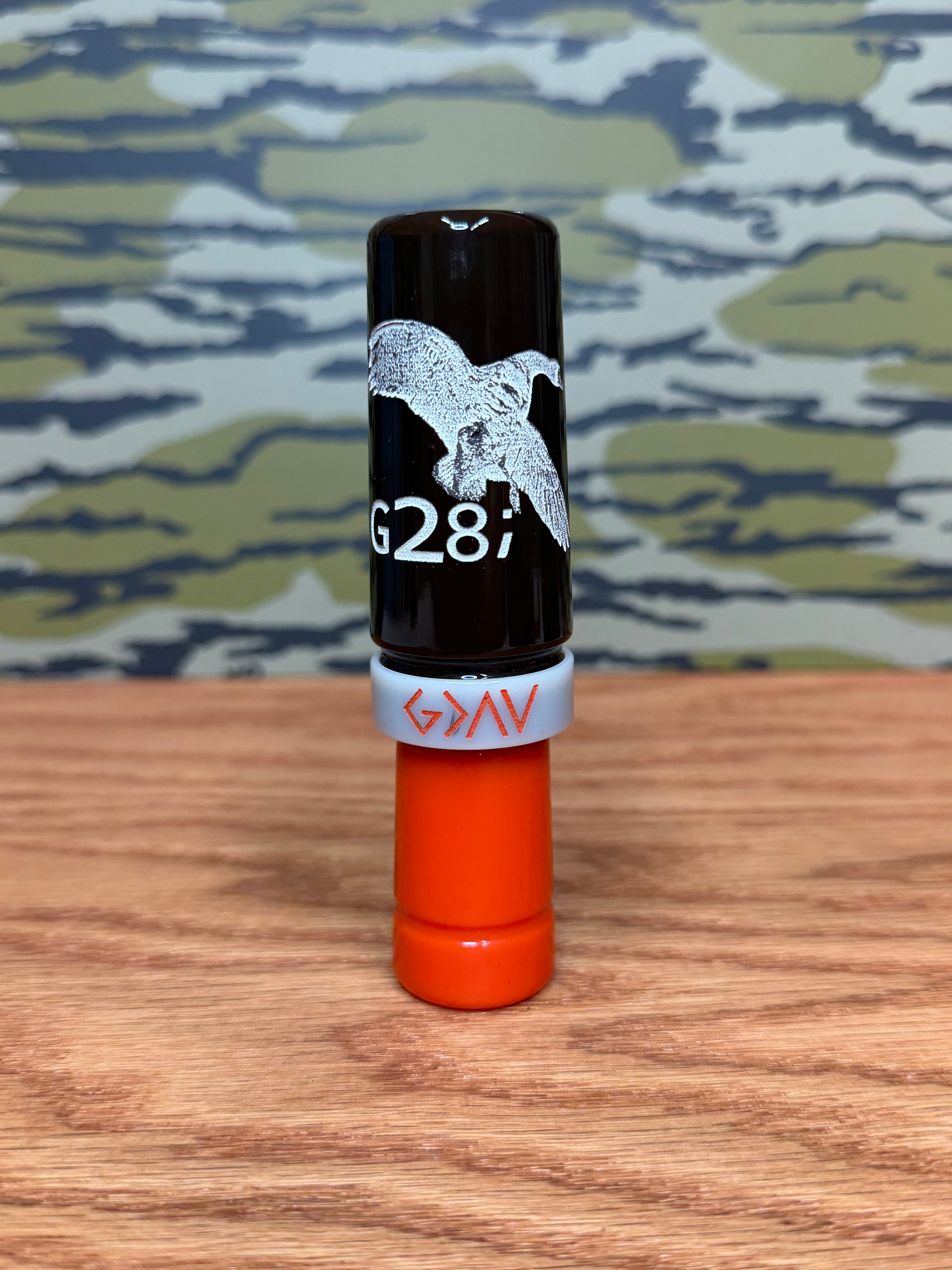 Brown, orange and ivory polished speck goose call – G28; Calls
